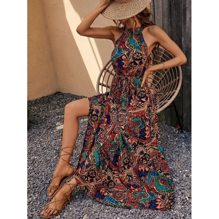 Kadın Kolsuz Halter Yaka Beli Lastikliotantik Desenli Mikro Kumaş Elbise