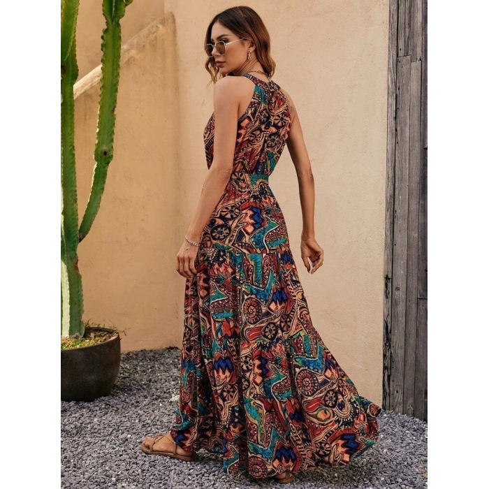 Kadın Kolsuz Halter Yaka Beli Lastikliotantik Desenli Mikro Kumaş Elbise