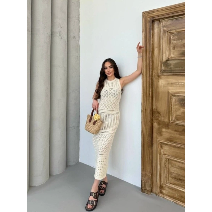 Kadın Kolsuz Kuş Gözü Teday Full Transparan Maxi Boy Elbise