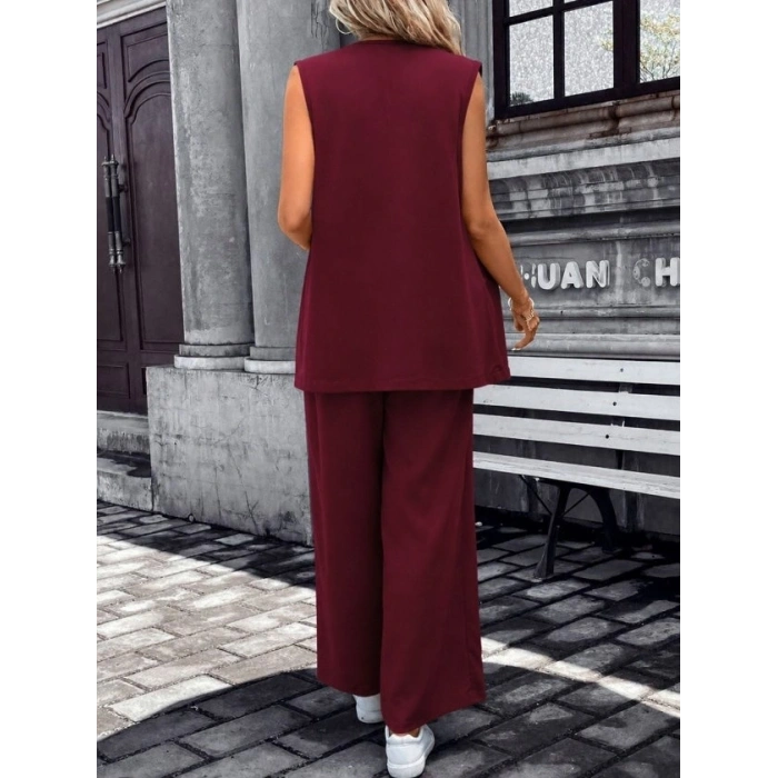 Kadın Kolsuz önü Açık Yakalı Cepli Janjan Krep Yelek Ve Pantolon Ikili Takım