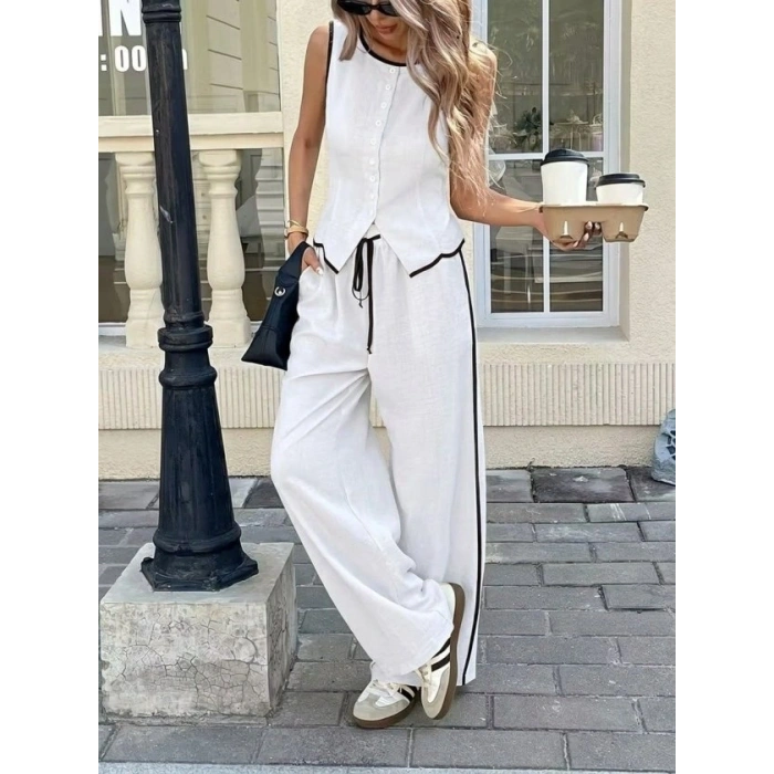 Kadın Kolsuz önü Düğmeli Yelek Ve Pantolon Ikili Takım