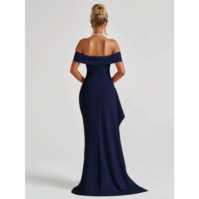 Kadın Madonna Yaka Pileli Derin Yırtmaçlı Uzun Ithal Krep Elbise