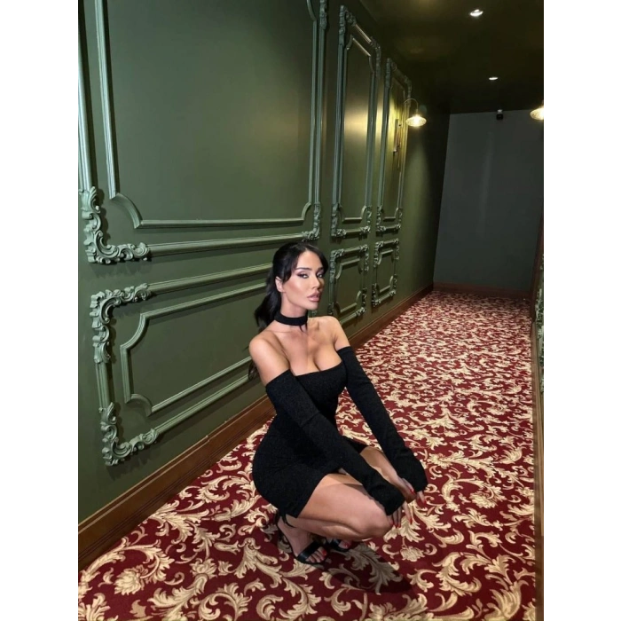 Kadın Madonna Yaka Simli Flower Kumaş Mini Elbise