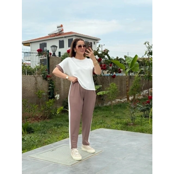 Kadın Modal Dokulu Kumaş Yanı şeritli Takım