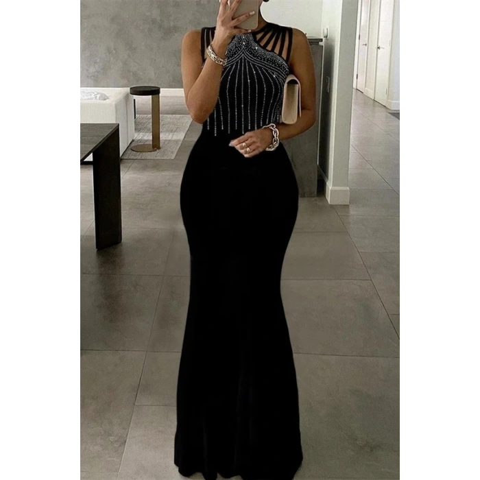 Kadın Omuz çoklu Askılı önü Taş Işlemeli Balık Kesim Janjan Krep Maxi Boy Elbise