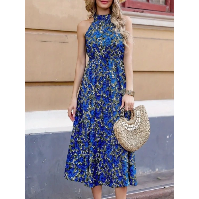 Kadın Omuz Dekolteli Halter Yaka Desenli Maxi Süprem Elbise