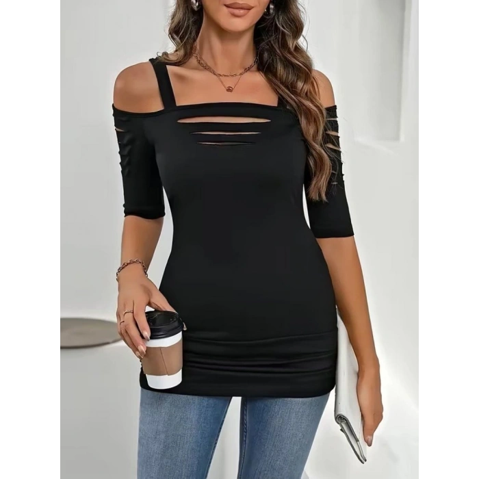 Kadın Omuzlardan Açık Askılı Lazer Kesim Detaylı Viskon Bluz