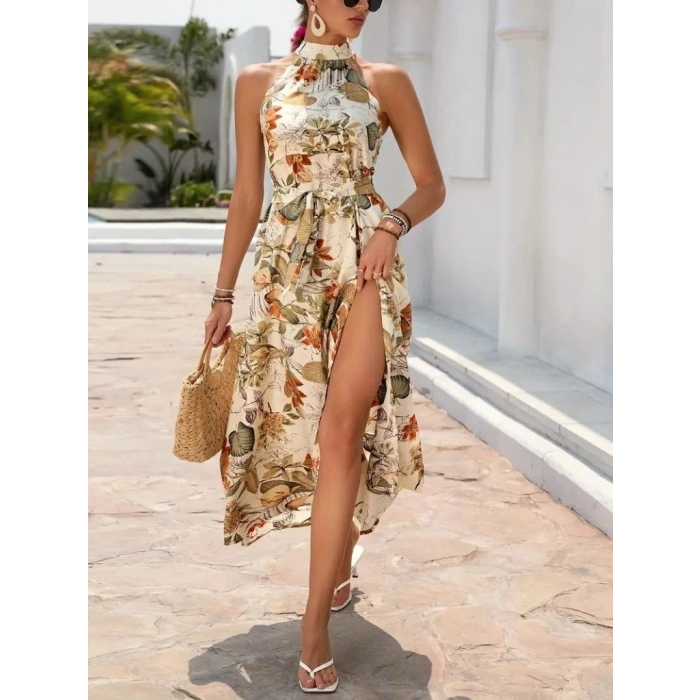Kadın Omuzlardan Açık Halter Yakalı Yırtmaçlı çiçek Desenli Süprem Elbise