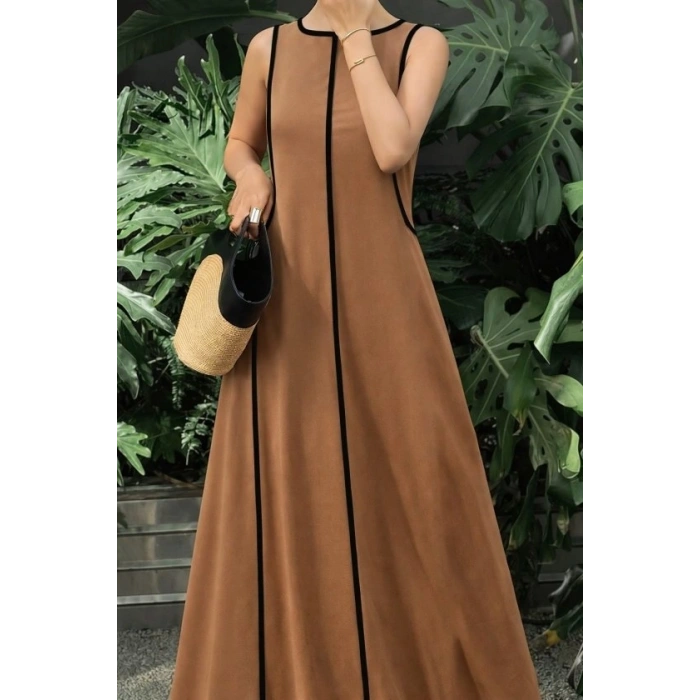 Kadın Omuzlardan Açık Yaka Ince şerit Detaylı Uzun Viskon Elbise