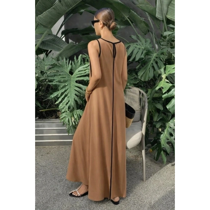 Kadın Omuzlardan Açık Yaka Ince şerit Detaylı Uzun Viskon Elbise