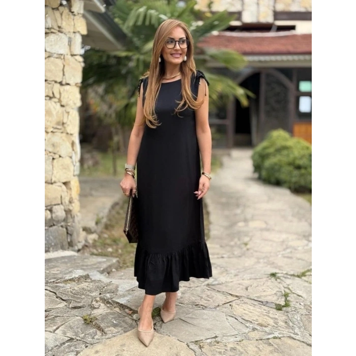 Kadın Omuzlardan Büzgülü Kayık Yaka Fırfırlı Janjan Krep Elbise