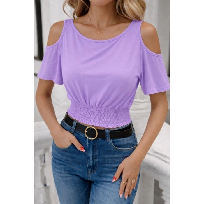 Kadın Omuzu Açık Beli Lastikli Kısa Kol Bluz