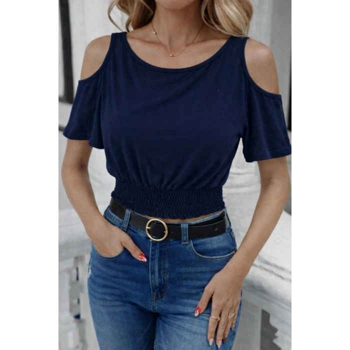Kadın Omuzu Açık Beli Lastikli Kısa Kol Bluz