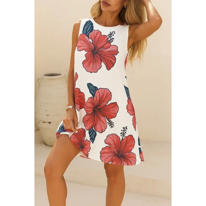 Kadın Sıfır Kol Sırttan Bağlamalı Fırfırlı çiçek Desenli Süprem Elbise