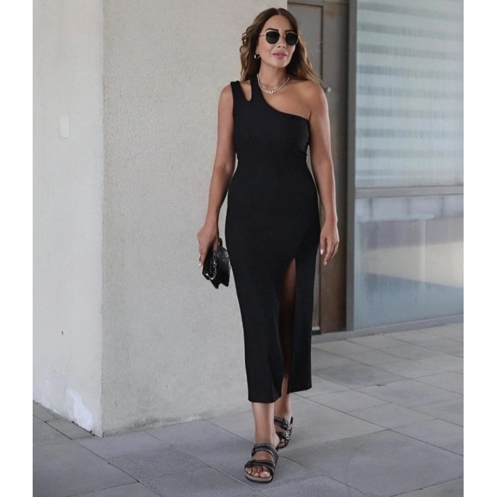 Kadın Sıfır Kol Tek Omuz Damla Detay JanJan Krep Elbise