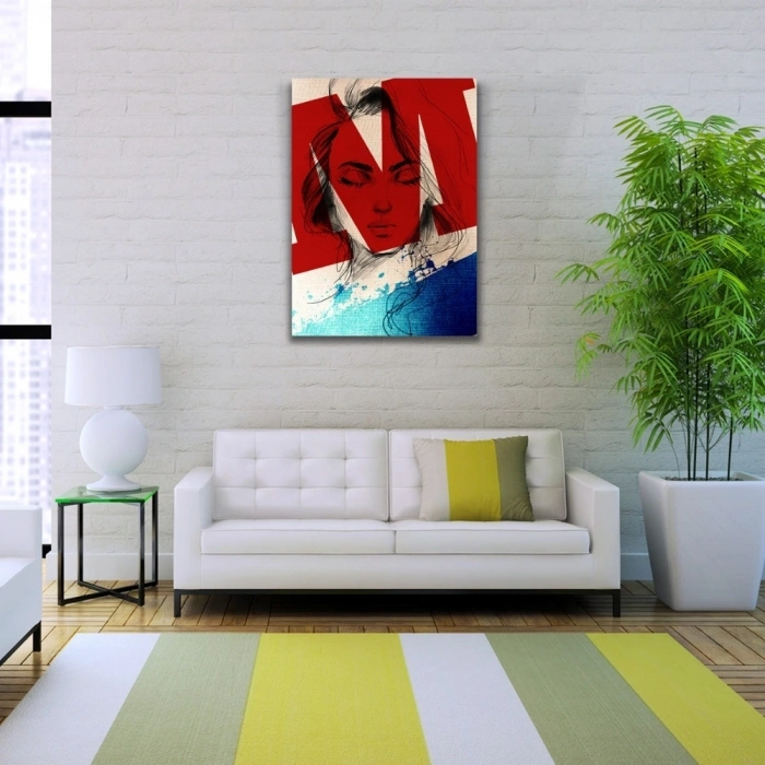 Kadın Silueti, Kırmızı. Mavi ve Beyaz Tonlarda, Kanvas Tablo 50 x 70