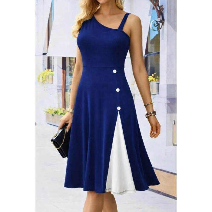 Kadın Tek Omuzu şerit Detaylı Kolsuz Yandan Düğme Detaylı Janjan Krep Elbise