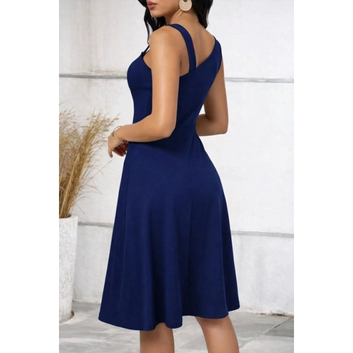 Kadın Tek Omuzu şerit Detaylı Kolsuz Yandan Düğme Detaylı Janjan Krep Elbise