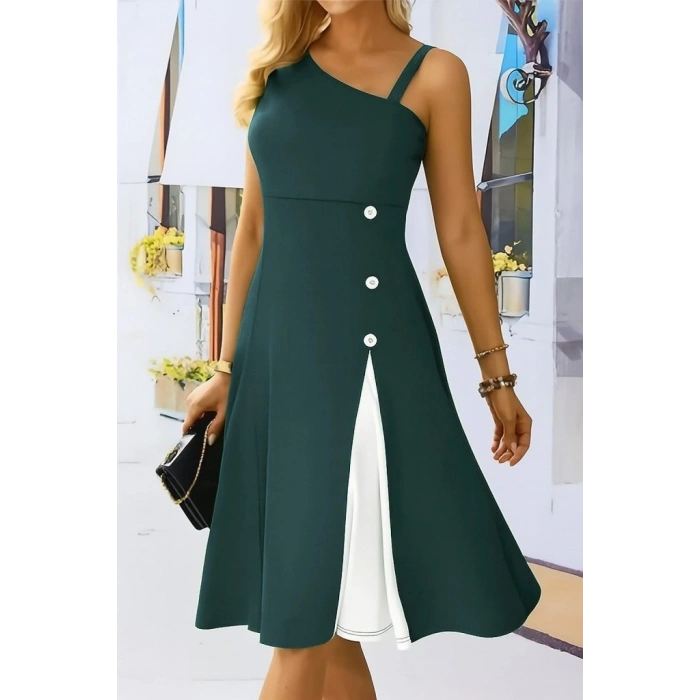 Kadın Tek Omuzu şerit Detaylı Kolsuz Yandan Düğme Detaylı Viskon Elbise