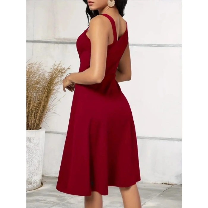 Kadın Tek Omuzu şerit Detaylı Kolsuz Yandan Düğme Detaylı Viskon Elbise