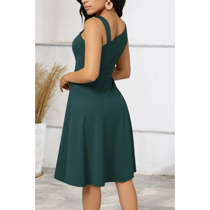 Kadın Tek Omuzu şerit Detaylı Kolsuz Yandan Düğme Detaylı Viskon Elbise