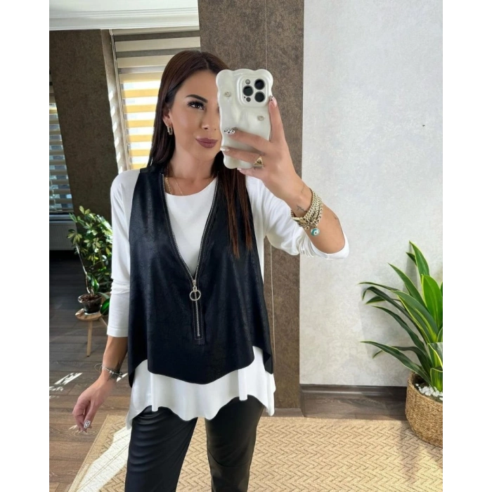 Kadın Uzun Kol Asimetrik Kesim Viskon Bluz Ve çatlak Deri Görünümlü Fermuar Detaylı Yelek Ikili Takım