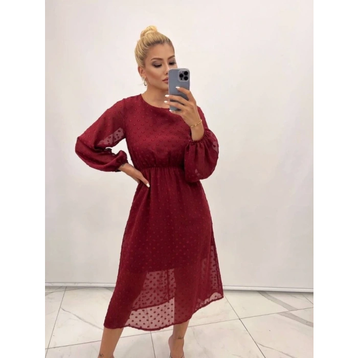 Kadın Uzun Kollu Astar Detay Fırsat ürün Ponpon şifon Elbise