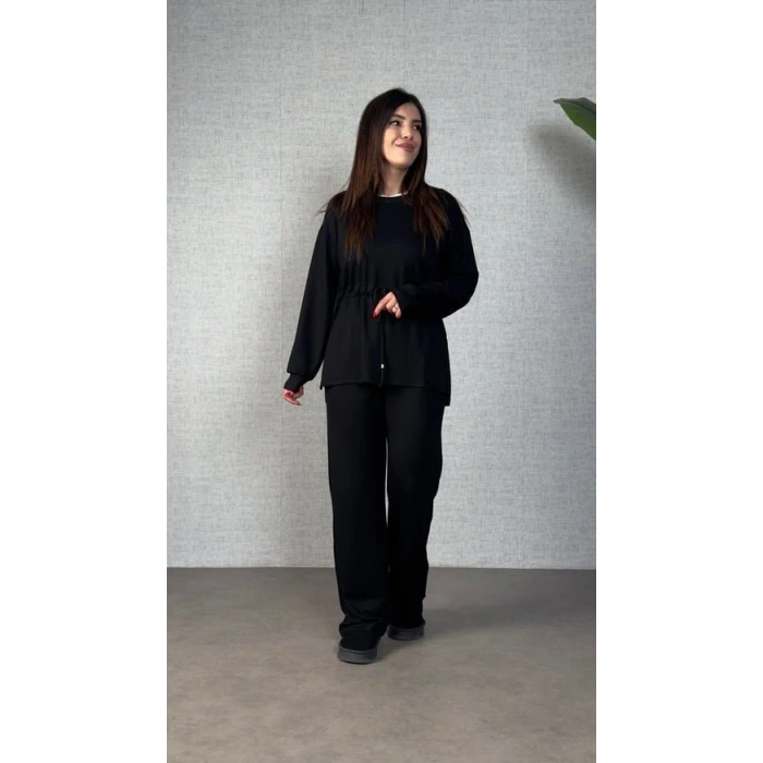 Kadın Uzun Kollu Bisiklet Yaka Belden Büzgülü Bağcıklı Viskon Iki Iplik Bluz Ve Pantolon Ikili Takım