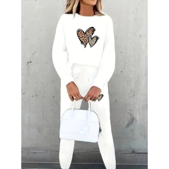 Kadın Uzun Kollu Bisiklet Yaka Kalp Desenli şardonlu üç Iplik Bluz Ve Pantolon Ikili Takım