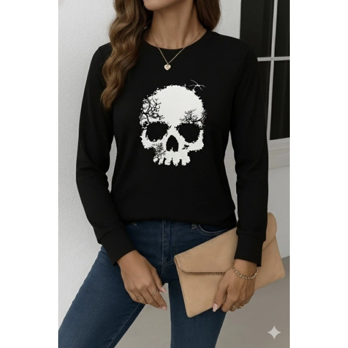 Kadın Uzun Kollu Bisiklet Yaka Kurukafa Desenli Viskon Bluz