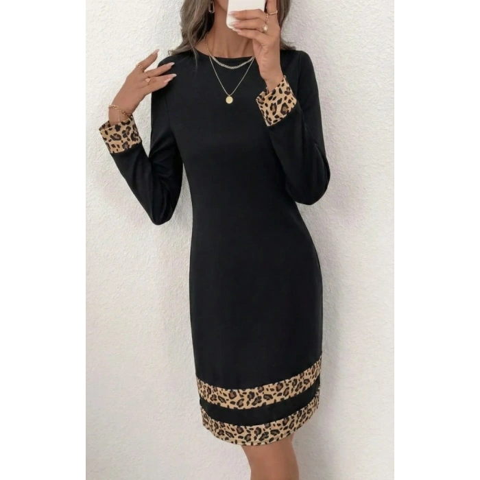 Kadın Uzun Kollu Bisiklet Yaka Mini Ithal Krep Elbise