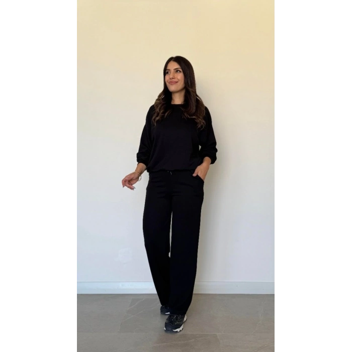 Kadın Uzun Kollu Bisiklet Yaka Viskon Iki Iplik Bluz Ve Pantolon Ikili Takım
