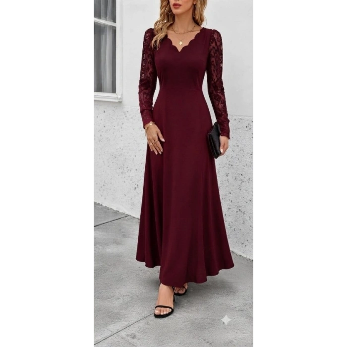 Kadın Uzun Kollu Dalgalı V Yakalı Dantelli Uzun Janjan Krep Elbise