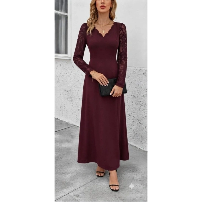 Kadın Uzun Kollu Dalgalı V Yakalı Dantelli Uzun Janjan Krep Elbise