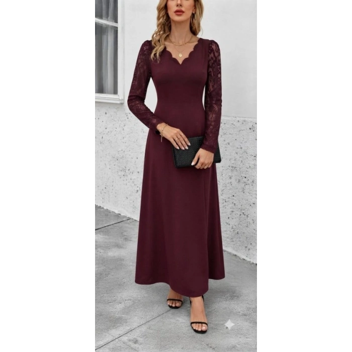 Kadın Uzun Kollu Dalgalı V Yakalı Dantelli Uzun Janjan Krep Elbise