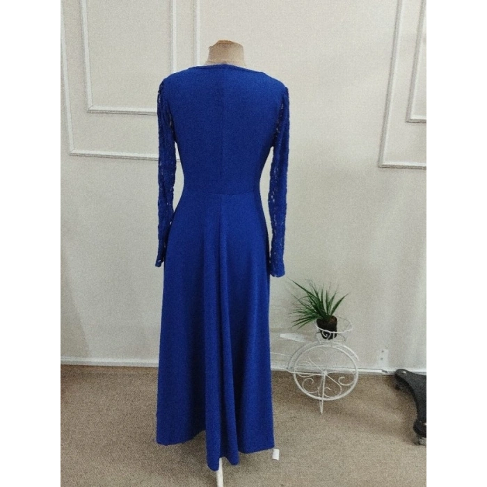Kadın Uzun Kollu Dalgalı V Yakalı Dantelli Uzun Janjan Krep Elbise
