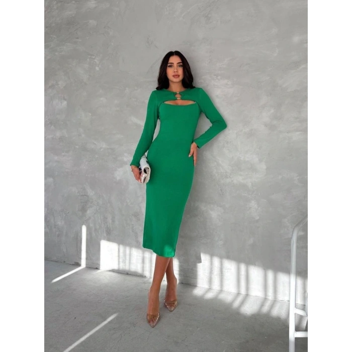 Kadın Uzun Kollu Halka Ve Pencere Dekolte Detay Fırsat ürün Midi Boy Elbise