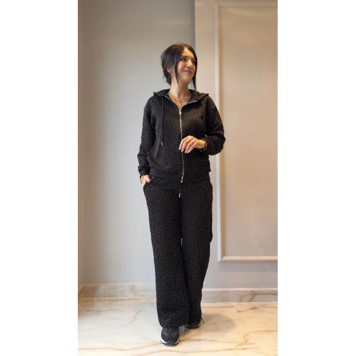 Kadın Uzun Kollu Kapşonlu Fermuarlı Taşlı önü Fermuarlı Viskon Iki Iplik Bluz Ve Eşofman Altı Ikili Takım