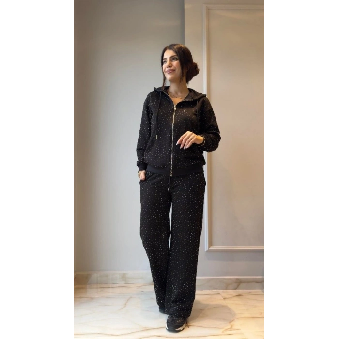 Kadın Uzun Kollu Kapşonlu Fermuarlı Taşlı önü Fermuarlı Viskon Iki Iplik Bluz Ve Eşofman Altı Ikili Takım