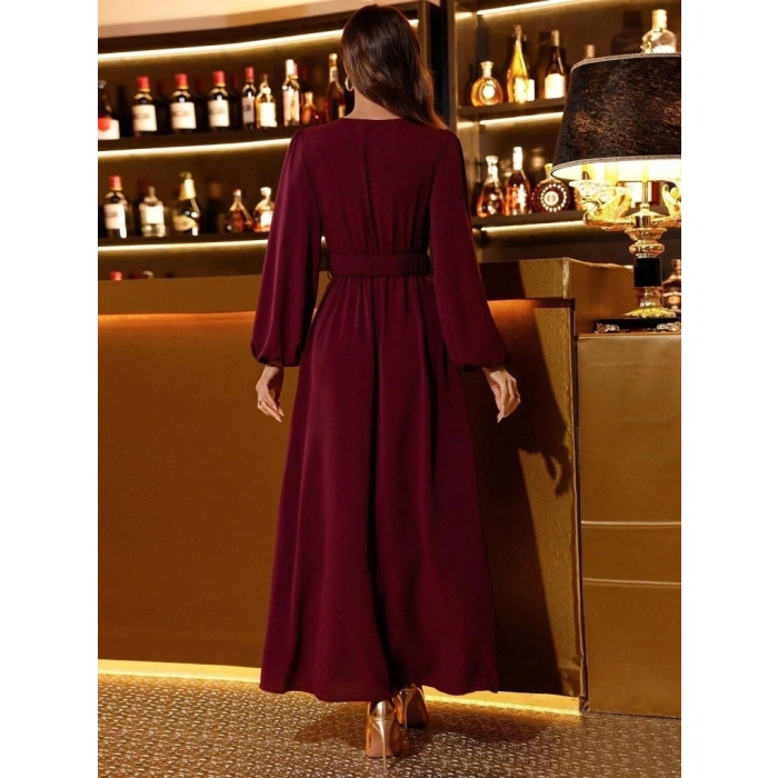 Kadın Uzun Kollu Kruvaze Yaka Beli Kemerli Yırtmaçlı Uzun Ithal Krep Elbise