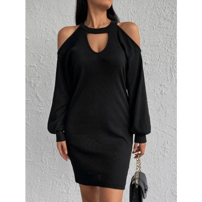 Kadın Uzun Kollu Omuzları Açık Boyundan şerit Detay Kaşkorse Elbise