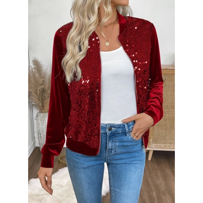 Kadın Uzun Kollu önü Açık Fermuarlı Pulpayetli Kadife Ceket