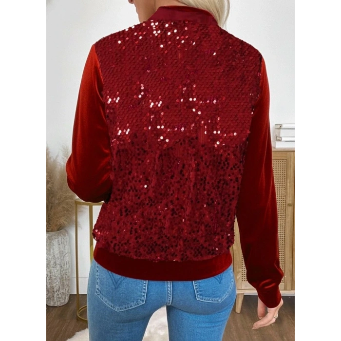 Kadın Uzun Kollu önü Açık Fermuarlı Pulpayetli Kadife Ceket