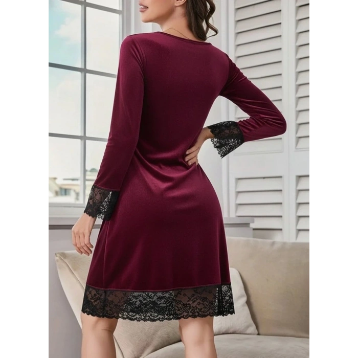Kadın Uzun Kollu V Dantel Yakalı Mini Kadife Elbise