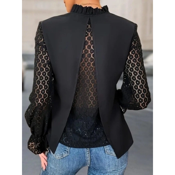 Kadın Uzun Kollu V Fırfır Yakalı Arkası çapraz Detaylı Ithal Krep Bluz