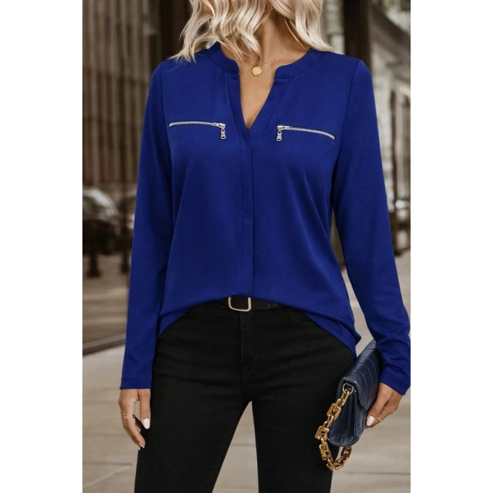 Kadın Uzun Kollu V Hakim Yaka Fermuar Detaylı Viskon Bluz