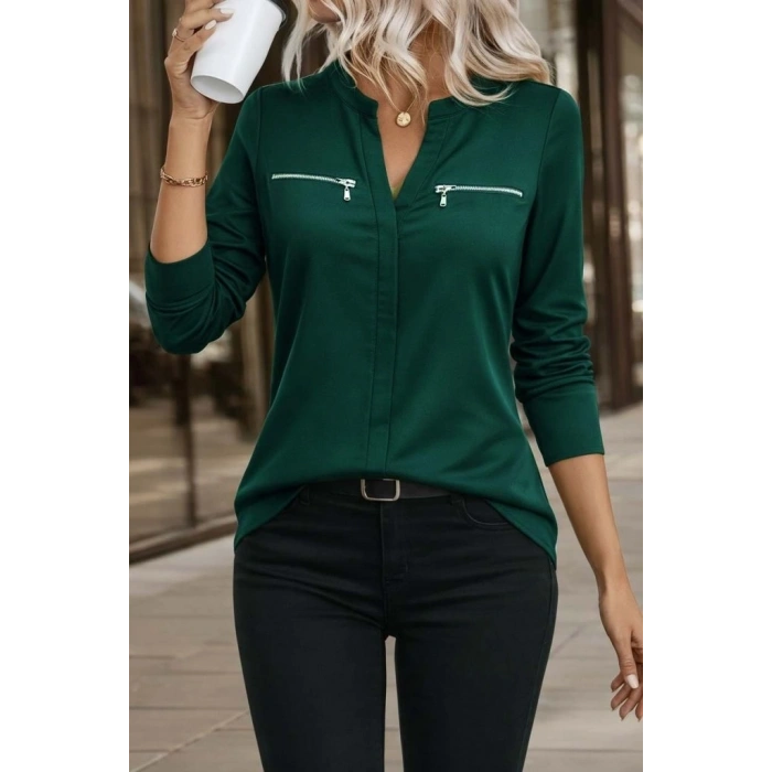 Kadın Uzun Kollu V Hakim Yaka Fermuar Detaylı Viskon Bluz