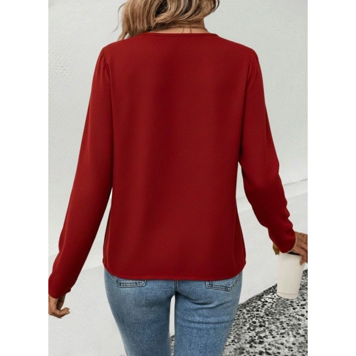 Kadın Uzun Kollu V Parlak Yaka Detaylı Viskon Bluz