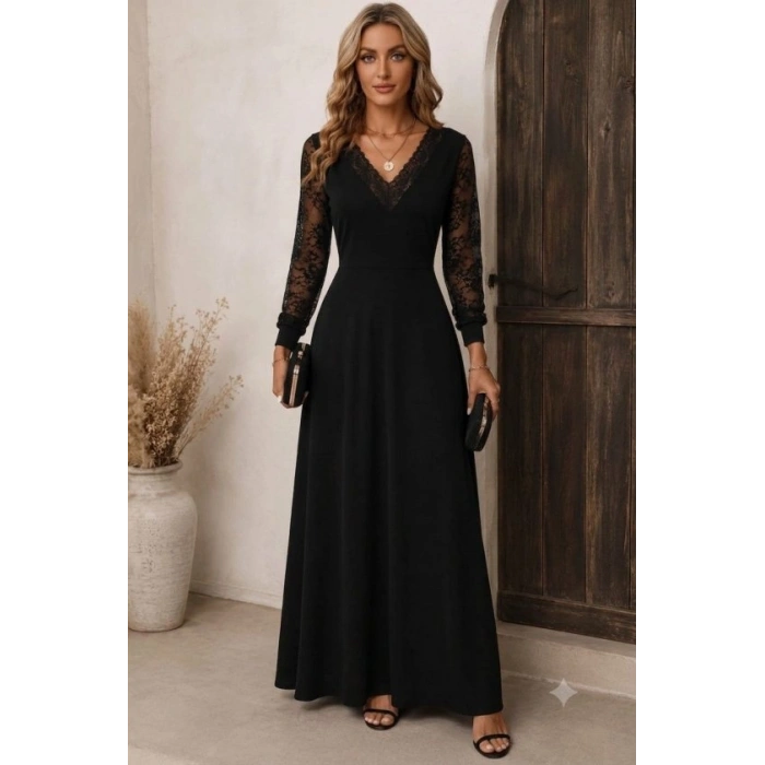 Kadın Uzun Kollu V Yakalı Dantelli Uzun Janjan Krep Elbise