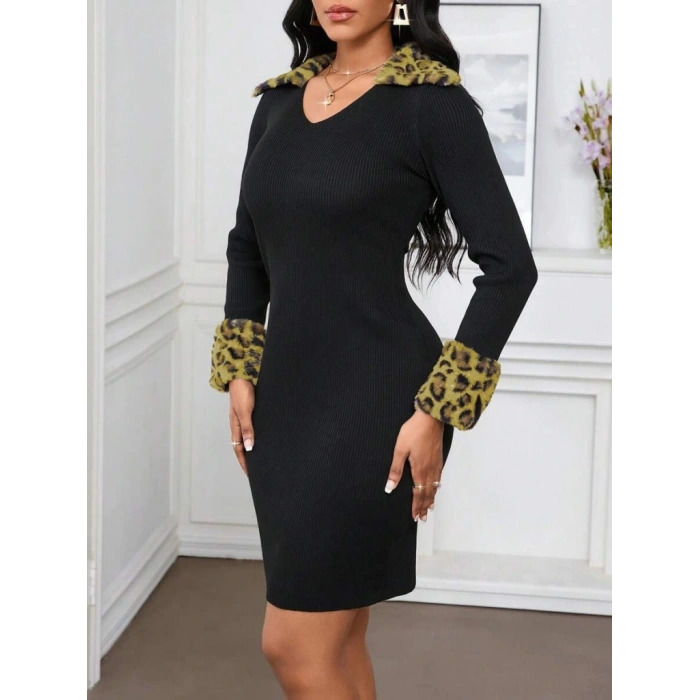 Kadın Uzun Kollu V Yakalı Kürk Detaylı Kaşkorse Elbise